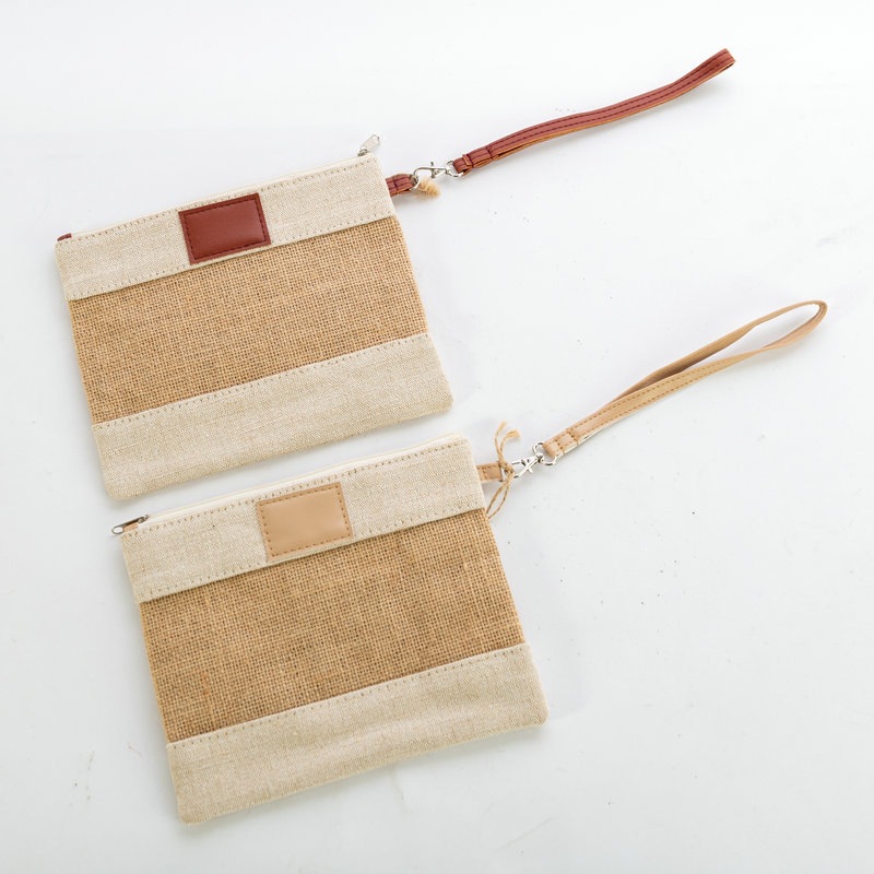 Patchwork Jute Zipper Pouch With PU Wrist Strap Printed Star Coin Cosmetic Bag