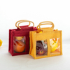 Transparent Window Jute Fruit Gift Tote Bag With Bamboo Handle