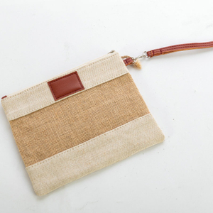 Patchwork Jute Zipper Pouch With PU Wrist Strap Printed Star Coin Cosmetic Bag