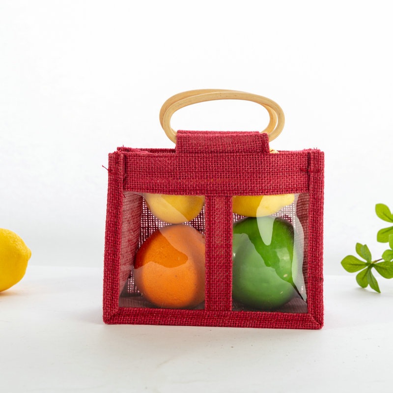 Transparent Window Jute Fruit Gift Tote Bag With Bamboo Handle