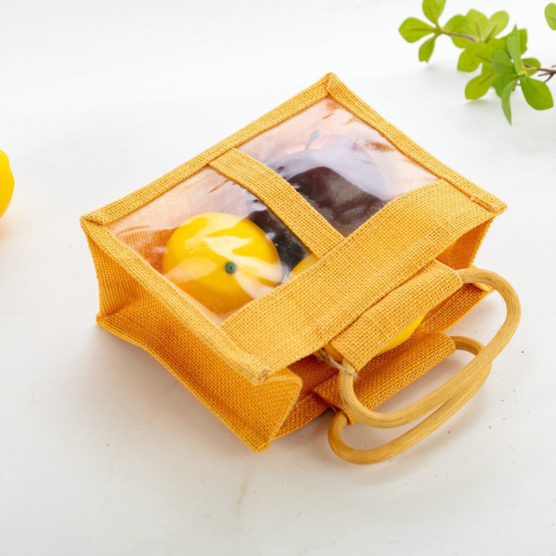 Transparent Window Jute Fruit Gift Tote Bag With Bamboo Handle