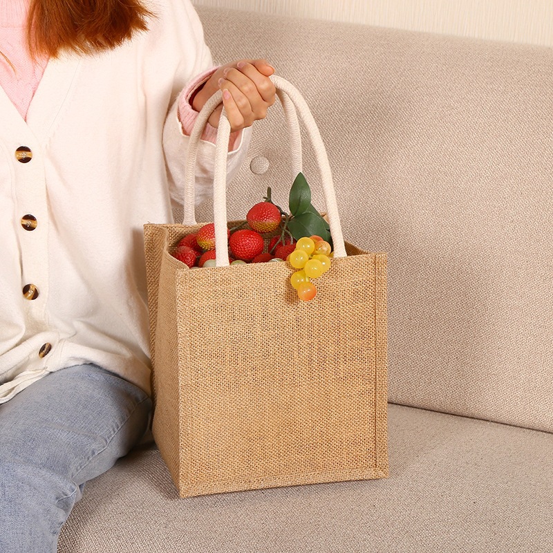 Square Vertical Jute Gift Tote Bag Eco Fruit Food Packaging Handheld Jute Bag