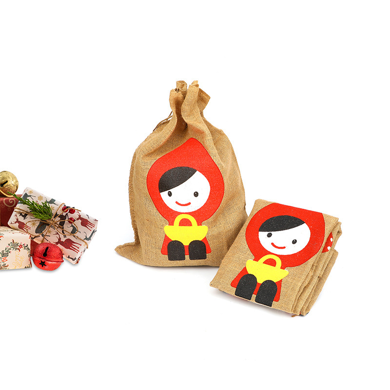 Drawstring Jute Gift Sacks Custom Printed Christmas Holiday Jute Candy Packaging Bags