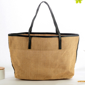 Multi Style PU Handle Lined Jute Shopping Tote Bags Blank Custom Logo Handbags