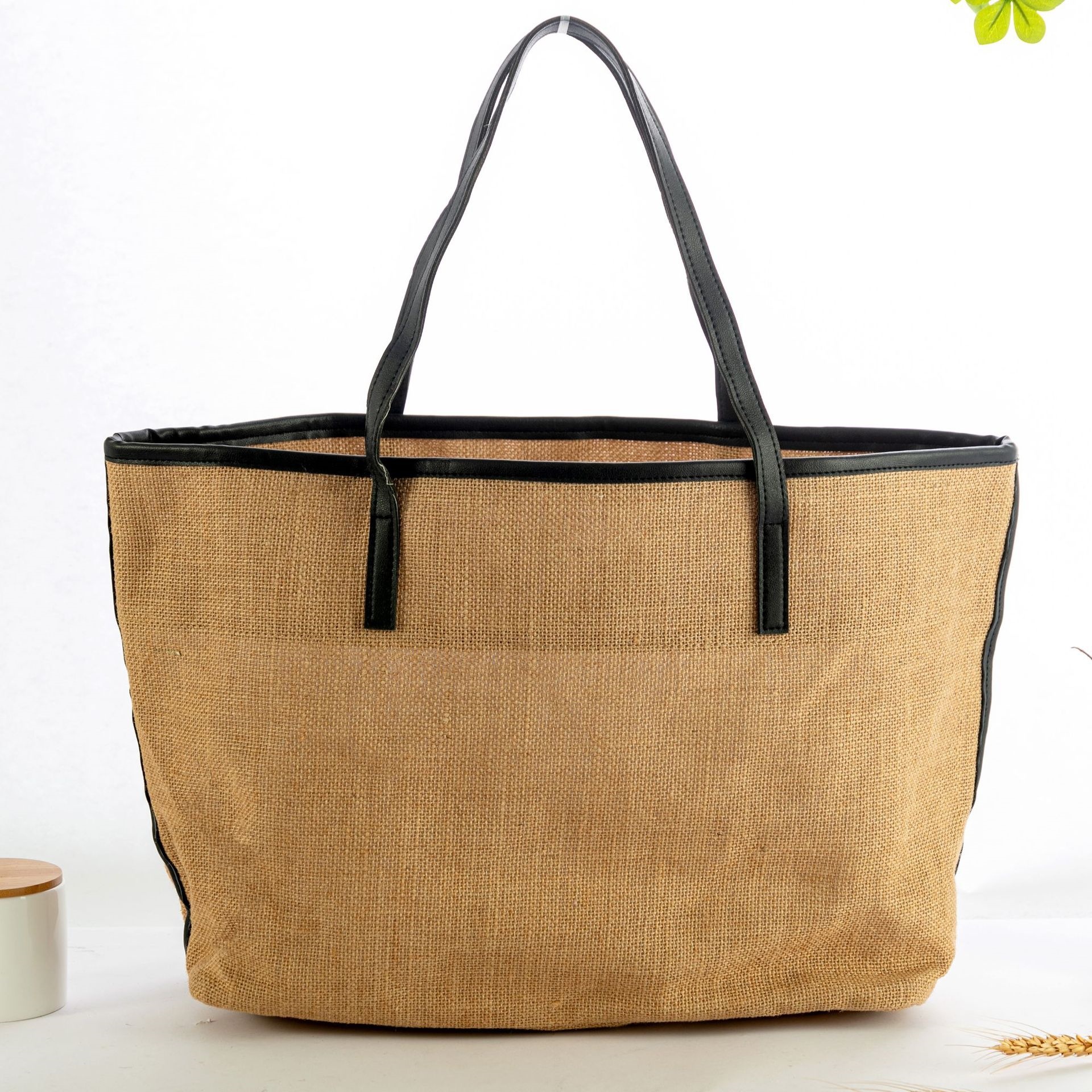 Multi Style PU Handle Lined Jute Shopping Tote Bags Blank Custom Logo Handbags