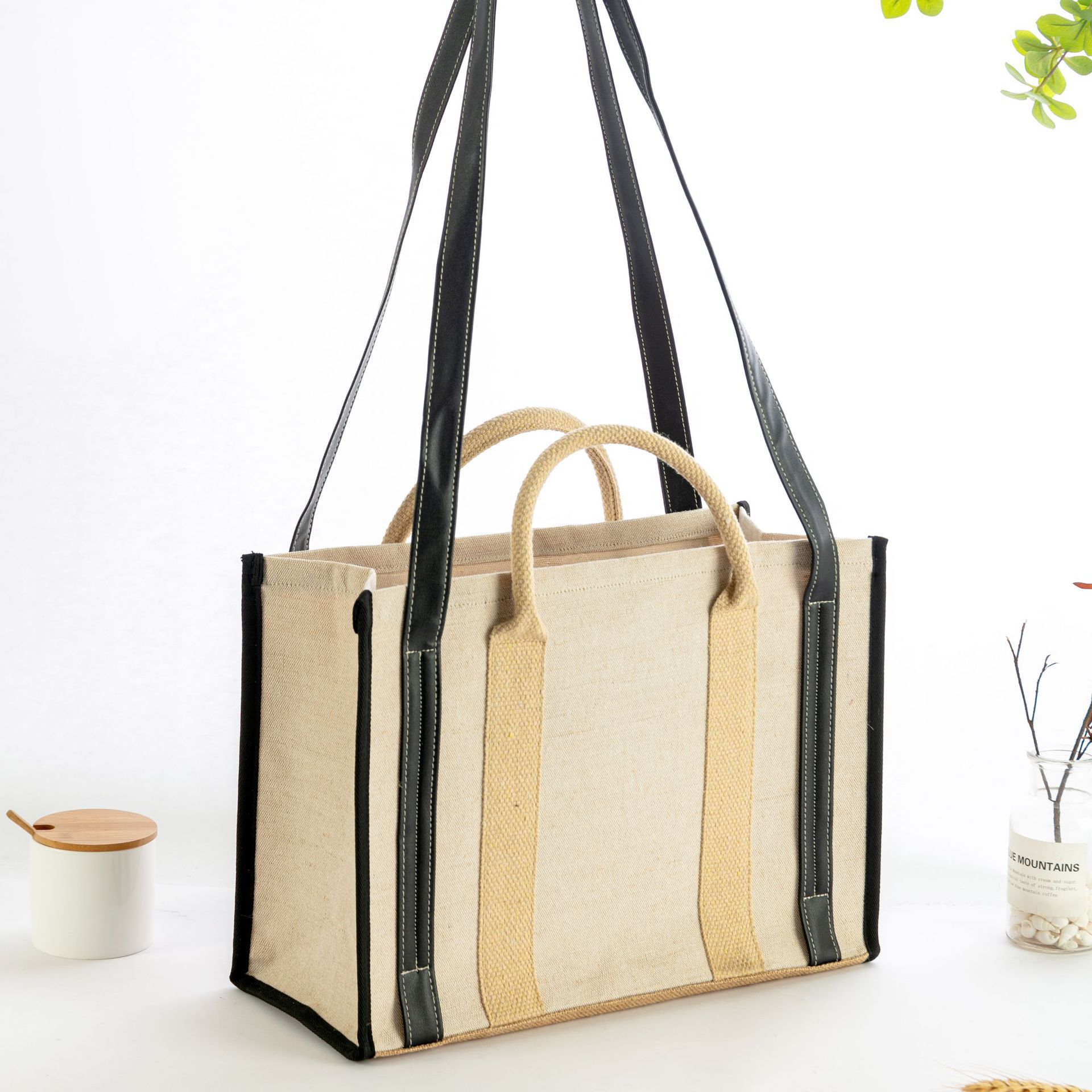 Multi Style PU Handle Lined Jute Shopping Tote Bags Blank Custom Logo Handbags