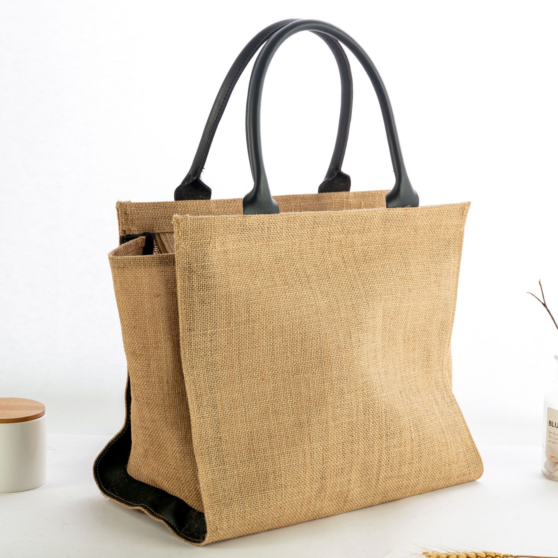 Multi Style PU Handle Lined Jute Shopping Tote Bags Blank Custom Logo Handbags