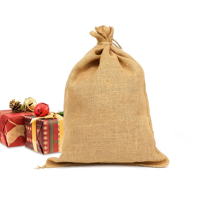 Drawstring Jute Gift Sacks Custom Printed Christmas Holiday Jute Candy Packaging Bags